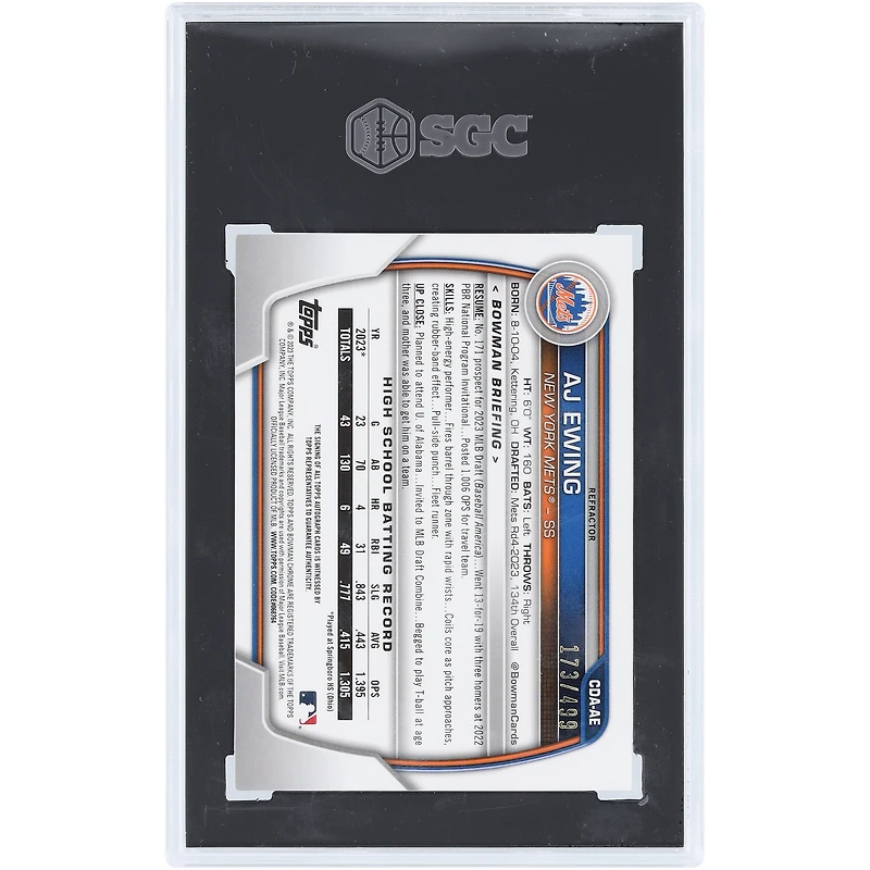 AJ Ewing New York Mets Autographed 2023 Bowman Draft Refractor Chrome Prospect #CDA-AE #173/499 SGC Authenticated 9 Card