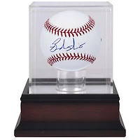 Balle de baseball autographiée par Brandon Nimmo des New York Mets et vitrine de présentation de balles de baseball en acajou