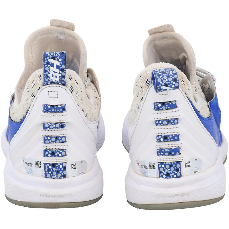 Chaussures Under Armour bleues et blanches autographiées par Brandon Nimmo des New York Mets lors de la saison 2023 de la MLB