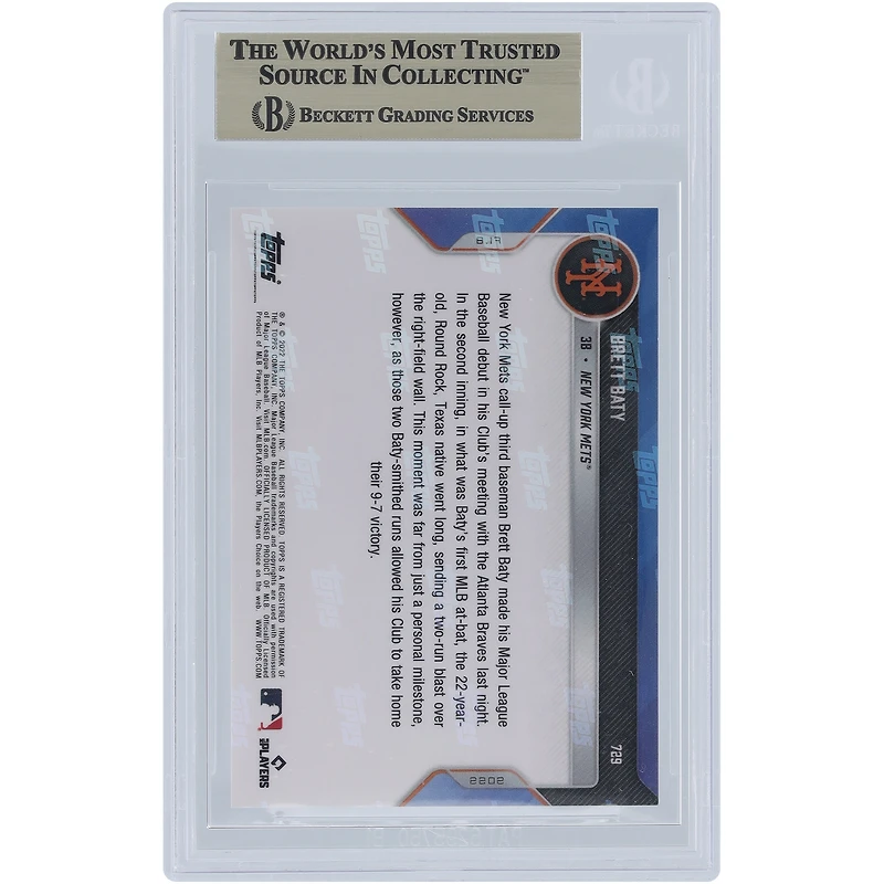 Brett Baty New York Mets 2022 Topps Now Slugs Two-Run Homer In 1st Career At-Bat #729 BGS Authenticated 10 Rookie Card - 9.5,10,10,10 Subgrades