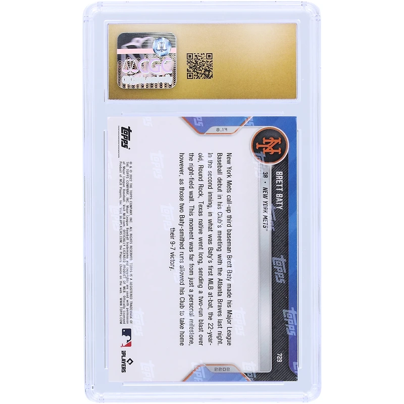 Brett Baty New York Mets 2022 Topps Now Slugs Two-Run Homer In 1st Career MLB At-Bat #729 CGC Authenticated Pristine 10 Rookie Card