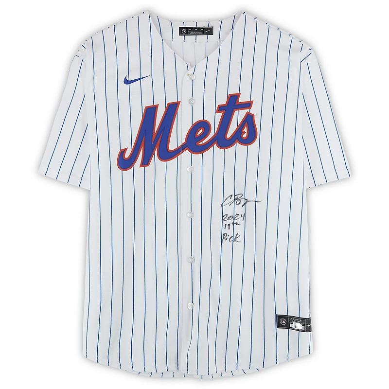 Carson Benge New York Mets Autographed White Nike Replica Jersey with "2024 19th Pick" Inscription - Front Signed
