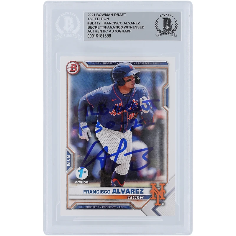 Francisco Alvarez New York Mets Carte authentifiée Bowman Draft 2021 #BD-112 Beckett Fanatics Witnessed avec l'inscription "MLB Debut 9-30-22"