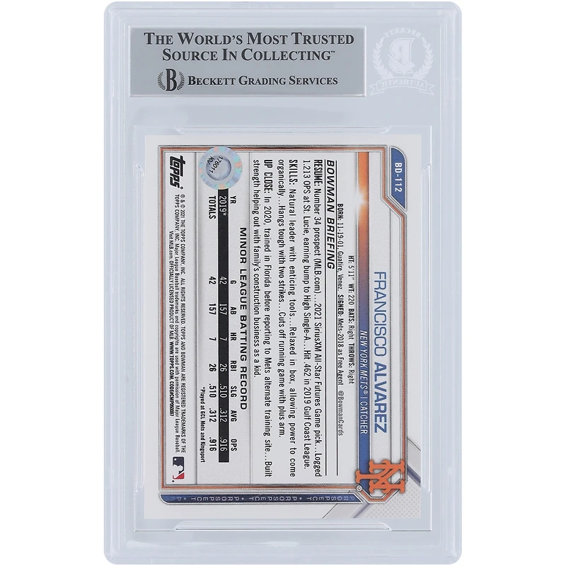 Francisco Alvarez New York Mets Autographed 2021 Bowman Draft #BD-112 Beckett Fanatics Witnessed Authenticated Card with "MLB Debut 9-30-22" Inscription