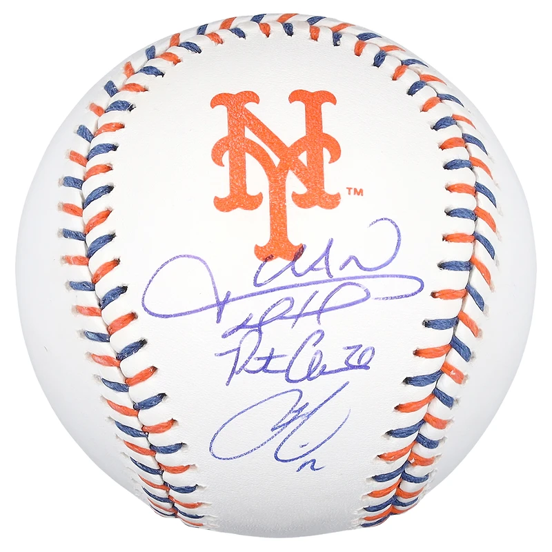 Balle de baseball autographiée par Francisco Lindor, Juan Soto et Pete Alonso des Mets de New York, lacets aux couleurs de l'équipe