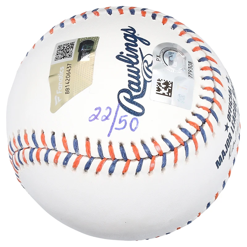 Balle de baseball autographiée par Francisco Lindor, Juan Soto et Pete Alonso des Mets de New York, lacets aux couleurs de l'équipe