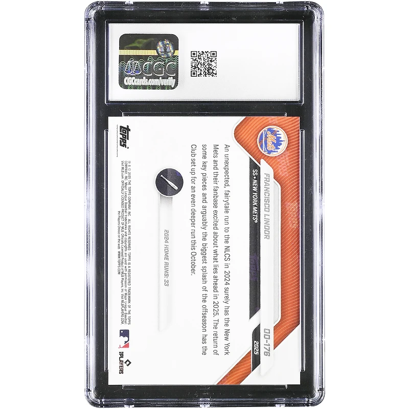 Carte authentifiée CGC n° 10, Francisco Lindor, New York Mets 2025 Topps Now Road to Opening Day #OD-176