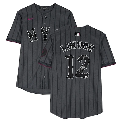 Maillot Nike City Connect Limited gris graphite autographié par Francisco Lindor (New York Mets) avec inscription « LGM ! »