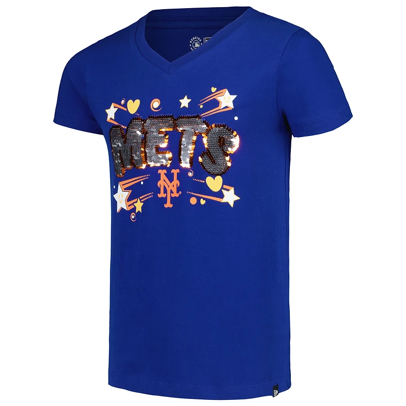 T-shirt à col en V sequins New Era Royal York Mets pour filles