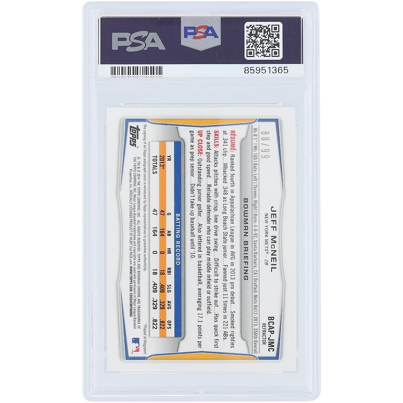 Jeff McNeil New York Mets Autographed 2014 Bowman Chrome Prospects Bubbles Refractor #BCAP-JMC #88/99 PSA Authenticated Gem MT 10 Card