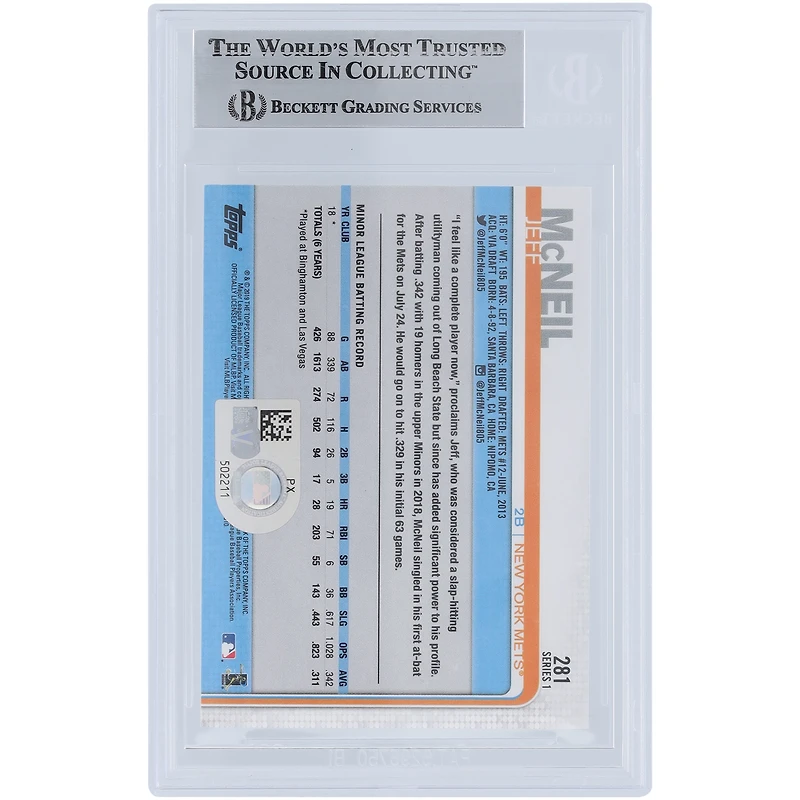 Jeff McNeil New York Mets Autographed 2019 Topps Series 1 #281 Beckett Fanatics Witnessed Authenticated Rookie Card