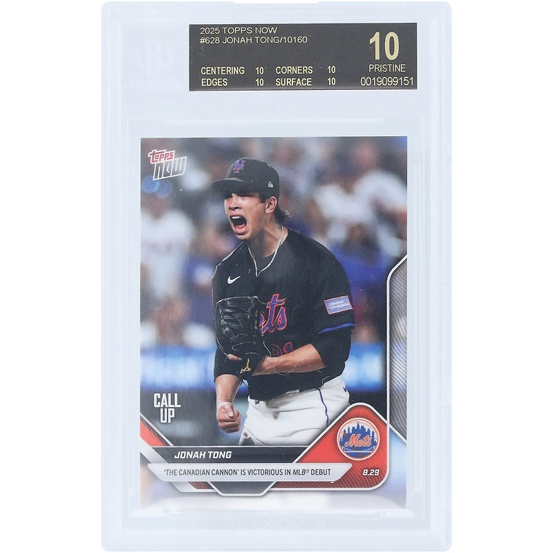 Jonah Tong New York Mets 2025 Topps Now Call Up The Canadian Cannon is Victorious in MLB Debut Black Label #628 BGS Authenticated 10 Card - 10,10,10,10 Subgrades
