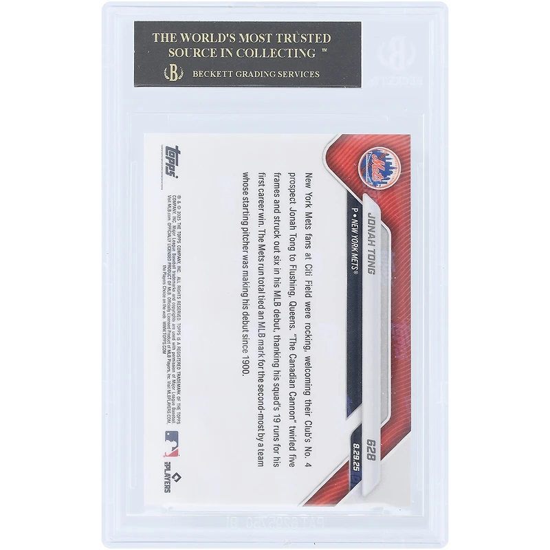Jonah Tong New York Mets 2025 Topps Now Call Up The Canadian Cannon is Victorious in MLB Debut Black Label #628 BGS Authenticated 10 Card - 10,10,10,10 Subgrades