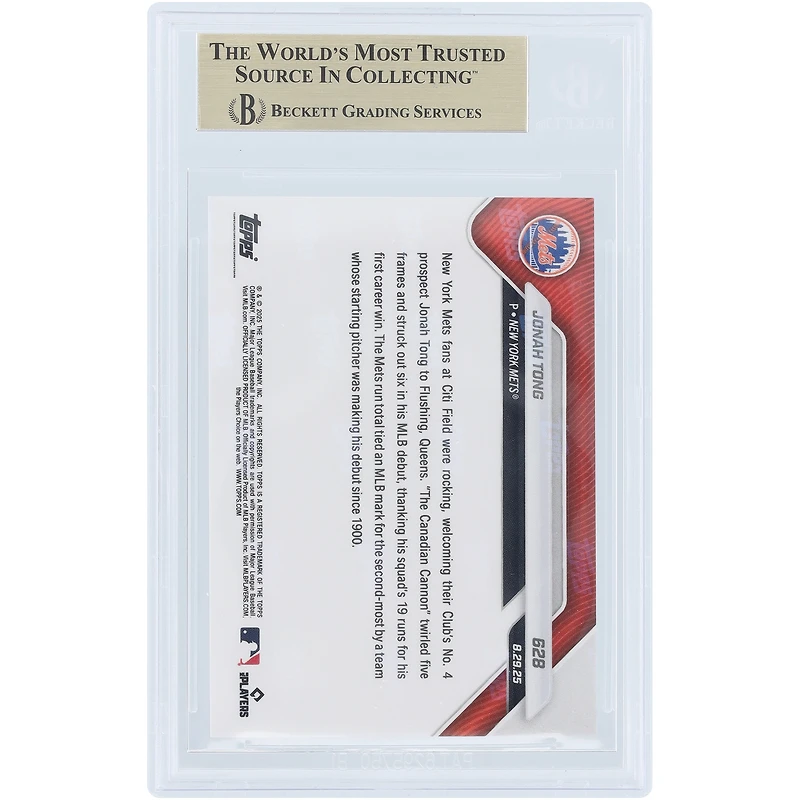 Jonah Tong, des Mets de New York, collection Topps Now 2025 : « Le Canon Canadien triomphe à ses débuts en MLB » (carte n° 628, authentifiée BGS 9.5).