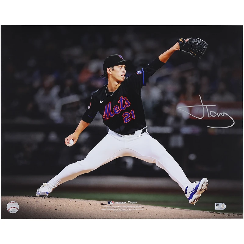 Jonah Tong New York Mets Autographed 16" x 20" Pitching in Debut Spotlight Photograph