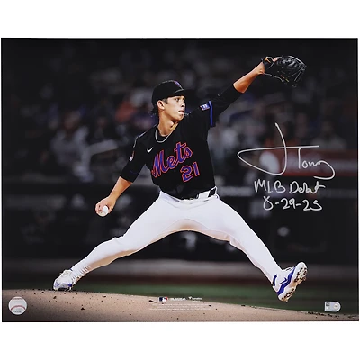 Jonah Tong New York Mets Autographed 16" x 20" Pitching in Debut Spotlight Photograph with "MLB Debut 8-29-25" Inscription