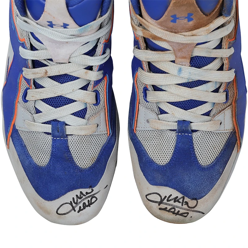 Crampons Under Armour gris/bleus portés en match et autographiés par Juan Soto (New York Mets) lors de la saison 2025 de la MLB - HH98516000-01