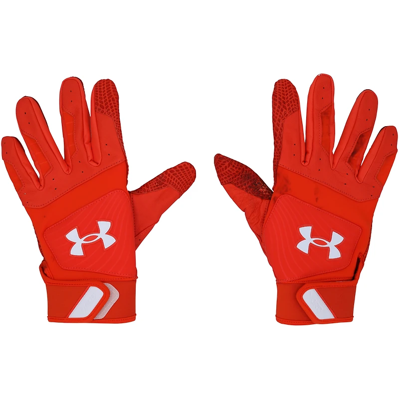 Gants de frappeur Under Armour orange Juan Soto des Mets de New York utilisés lors du match contre les Diamondbacks de l'Arizona le 1er mai 2025