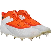 Juan Soto, chaussures à crampons Under Armour blanches/oranges des Mets de New York utilisées lors du match contre les Diamondbacks de l'Arizona, le 1er mai 2025