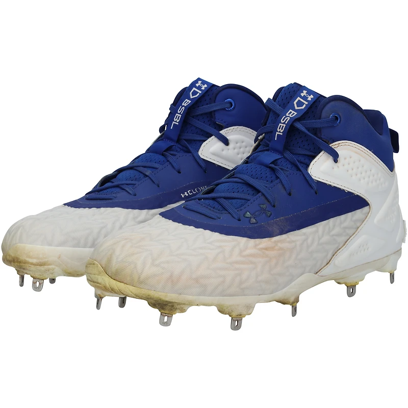 Juan Soto, New York Mets, chaussures à crampons Under Armour blanches/bleu roi utilisées lors du match contre les Tampa Bay Rays, le 13 juin 2025