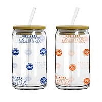 Lot de 2 canettes en verre Step and Repeat de 473 ml avec couvercle et paille des Mets de New York.