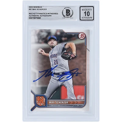 Max Scherzer New York Mets Autographié 2022 Bowman Série 1 #91 Beckett Fanatics Witnessed Authenticated 10 Card