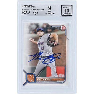 Carte 9/10 authentifiée signée par Max Scherzer des New York Mets, série 1 Bowman 2022 #91 Beckett, fanatiques témoins