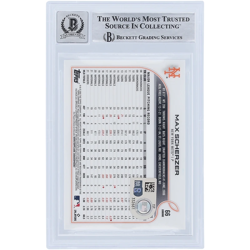 Carte autographiée 2022 Topps Chrome #66 Beckett par Max Scherzer des New York Mets, carte authentifiée 9/10, témoin des fanatiques