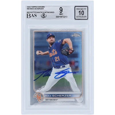 Carte autographiée 2022 Topps Chrome #66 Beckett par Max Scherzer des New York Mets, carte authentifiée 9/10, témoin des fanatiques
