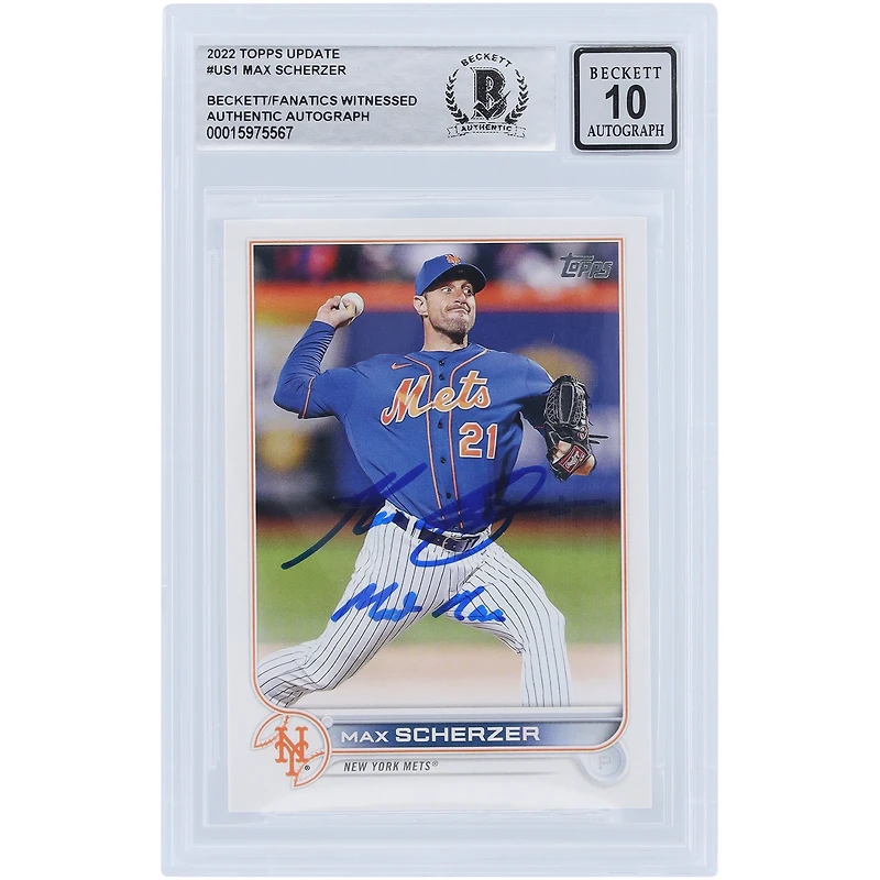 Max Scherzer New York Mets Autographié 2022 Topps Update #US1 Beckett Fanatics a été témoin d'une carte 10 authentifiée avec l'inscription "Mad Max"