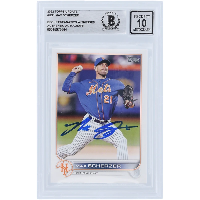 Max Scherzer New York Mets Autographié 2022 Topps Mise à jour #US1 Beckett Fanatics Witnessed Authenticated 10 Card