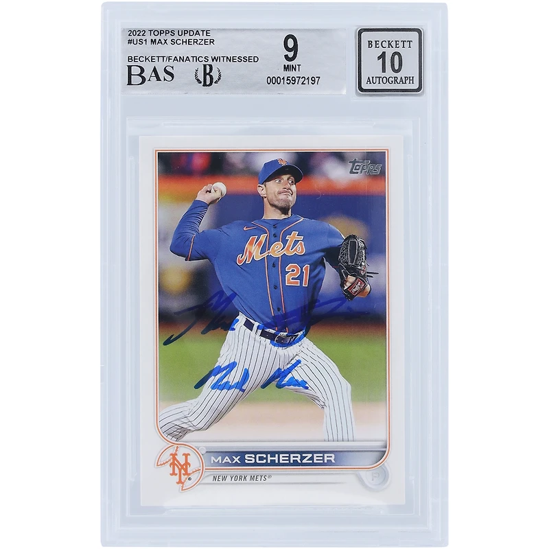 Max Scherzer New York Mets Autographié 2022 Topps Update #US1 Beckett Fanatics Witnessed Authenticated 9/10 Card avec l'inscription "Mad Max"