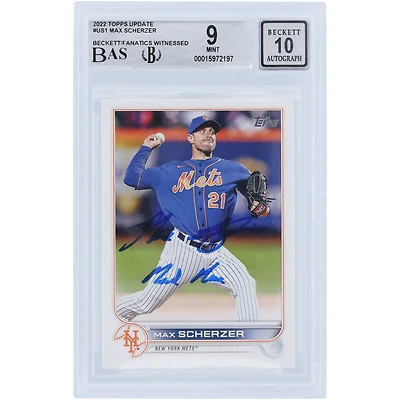 Max Scherzer New York Mets Autographié 2022 Topps Update #US1 Beckett Fanatics Witnessed Authenticated 9/10 Card avec l'inscription "Mad Max"