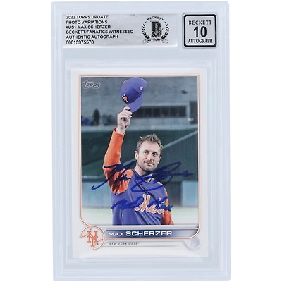 Max Scherzer New York Mets Autographié 2022 Topps Mise à jour Photo Variation #US1 Beckett Fanatics a été témoin d'une carte 10 authentifiée avec l'inscription "Mad Max"