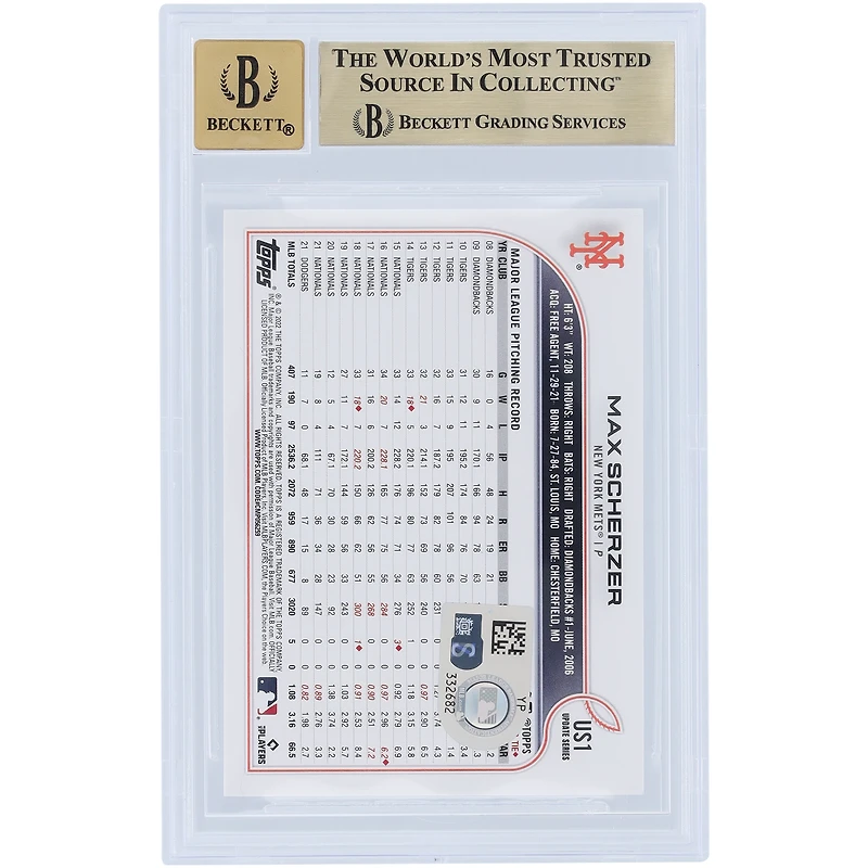 Max Scherzer New York Mets Autographié 2022 Topps Mise à jour Photo Variation #US1 Beckett Fanatics Witnessed Authenticated /10 Card avec l'inscription "Mad Max