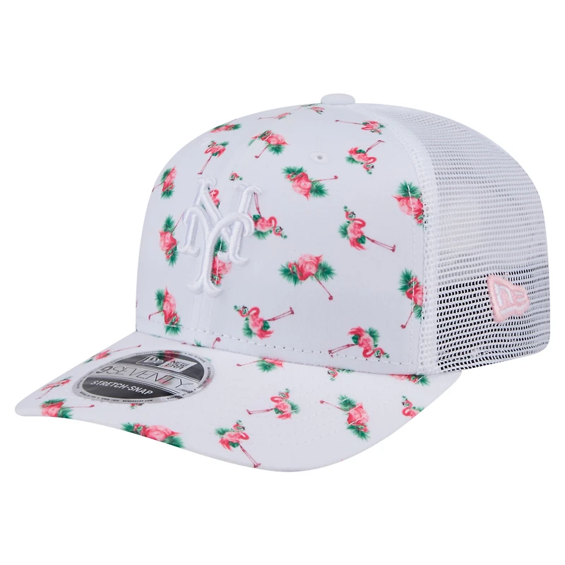 Casquette extensible à bouton-pression New Era blanche New York Mets Flamingo 9SEVENTY à dos en maille pour homme
