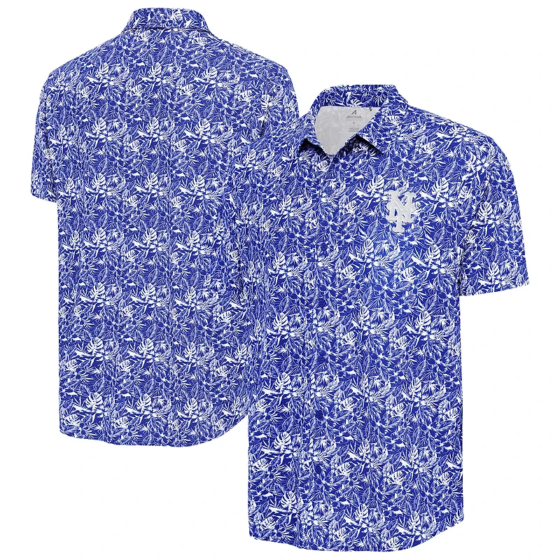 Chemise boutonnée Antigua Royal pour homme, tenue de villégiature des Mets New York