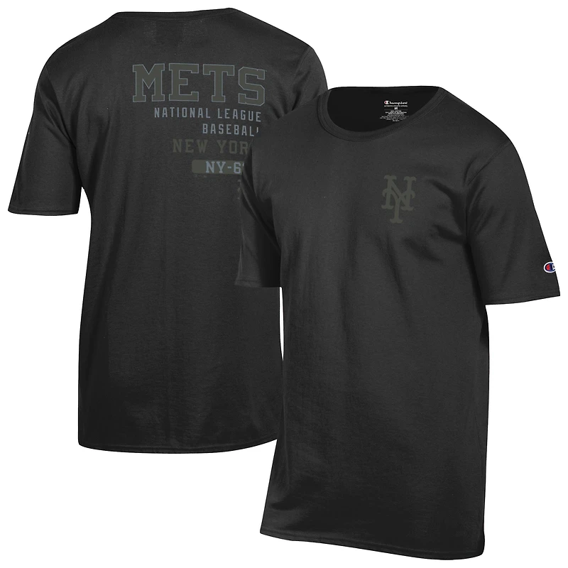 T-shirt noir Champion pour homme avec logo ton sur des Mets de New York