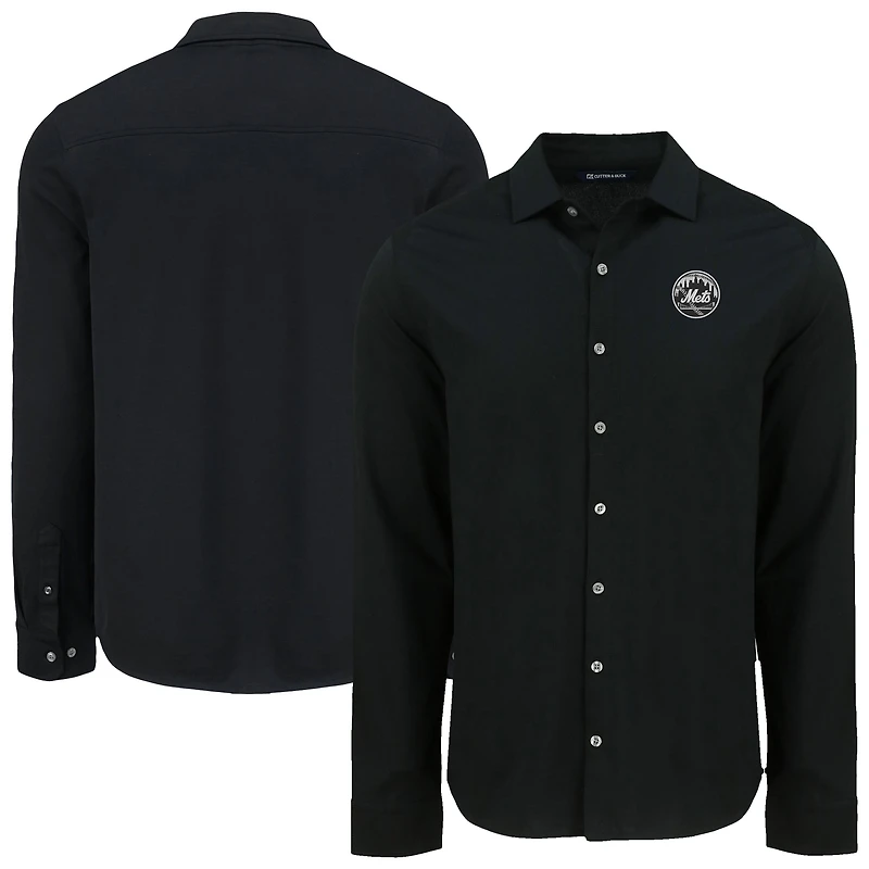Chemise boutonnée à manches longues en piqué doux écologique tri-blend noir pour homme, modèle Cutter & Buck des Mets de New York