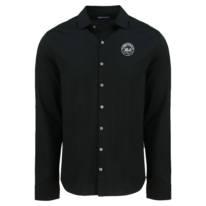 Chemise boutonnée à manches longues en piqué doux écologique tri-blend noir pour homme, modèle Cutter & Buck des Mets de New York