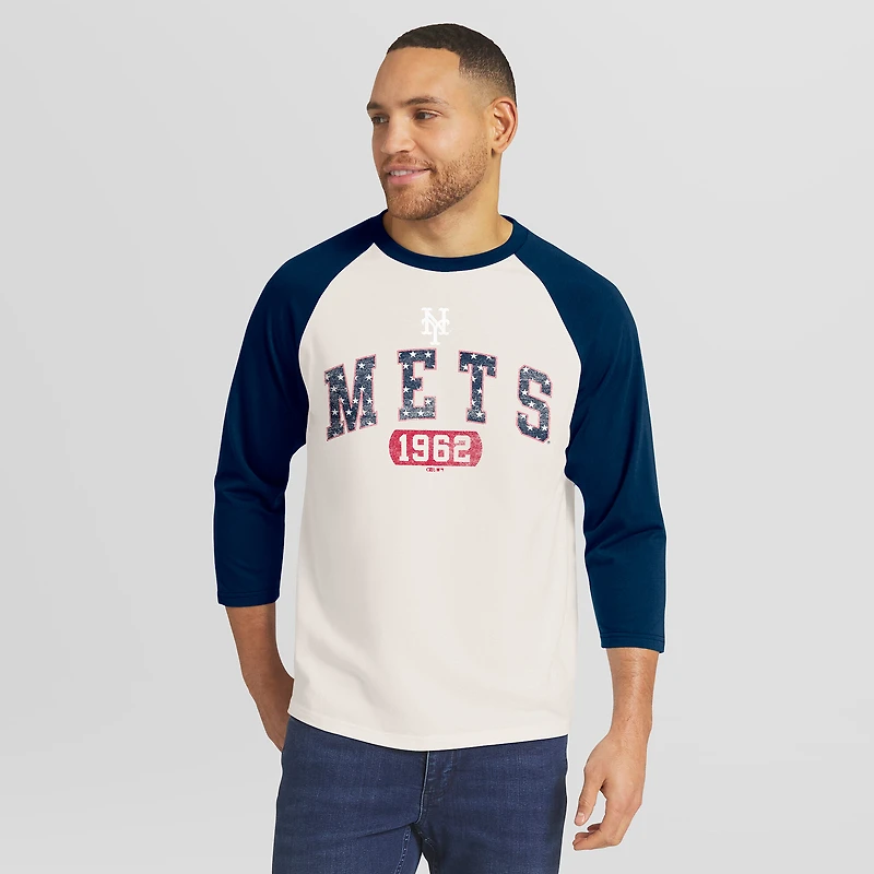 Collection Darius Rucker pour homme par Fanatics, T-shirt raglan crème/marine New York Mets Americana à manches 3/4