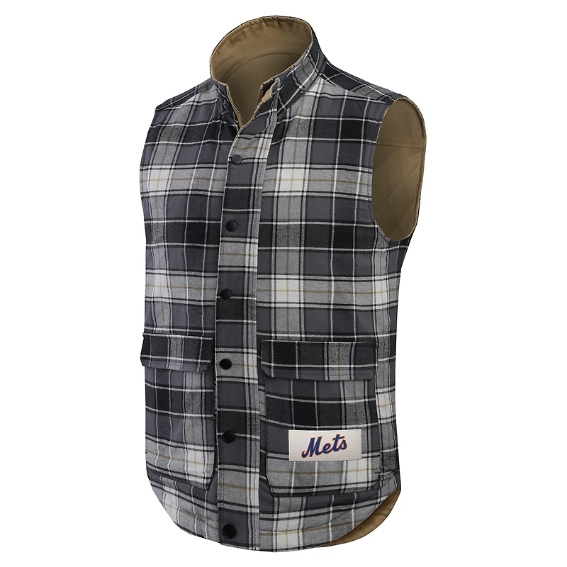 Men's Darius Rucker Collection by Fanatics Tan/Charcoal New York Mets Reversible Canvas & Plaid Patch Full-Zip Vest