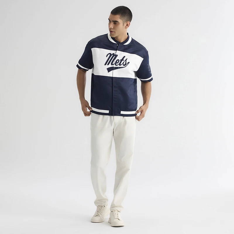Men's Fanatics Athletic Navy New York Mets Iconic Full-Snap Short Sleeve Satin Warm-Up