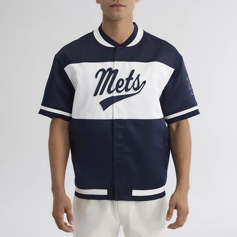 Men's Fanatics Athletic Navy New York Mets Iconic Full-Snap Short Sleeve Satin Warm-Up