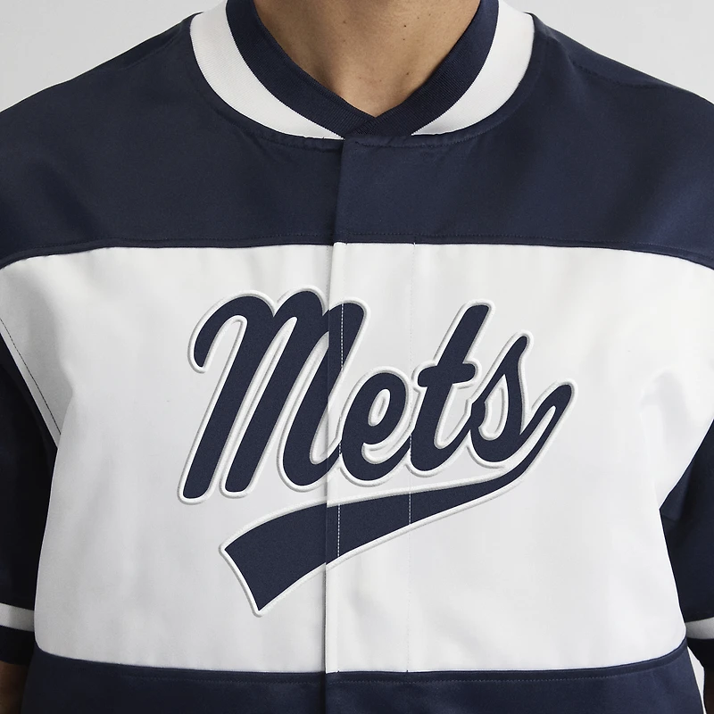 Survêtement d'échauffement en satin à manches courtes et boutons-pression, bleu marine, New York Mets, pour homme, de la marque Fanatics Athletic.