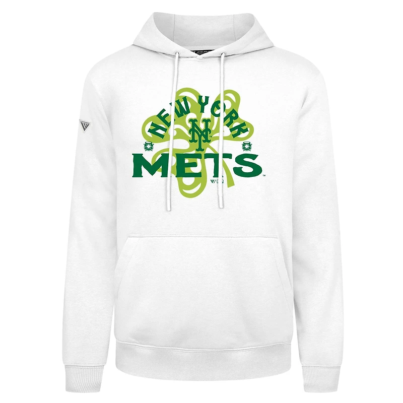 Men's Levelwear White New York Mets St. Patrick's Day Podium Shamrock Pullover Hoodie