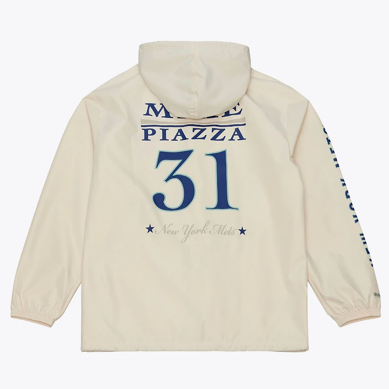 Men's Mitchell & Ness Mike Piazza Cream New York Mets Full-Snap Yacht Rock Name Number Hooded Coach's Jacket