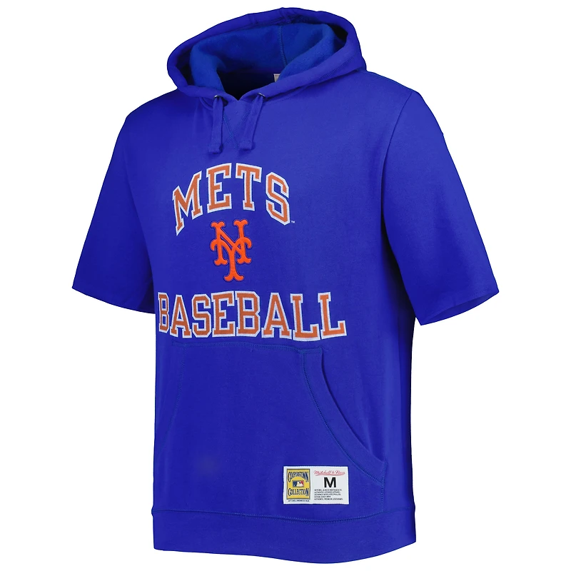 Chandail à capuchon manches courtes en polaire délavé Collection Mitchell & Ness Royal New York Mets Cooperstown pour homme