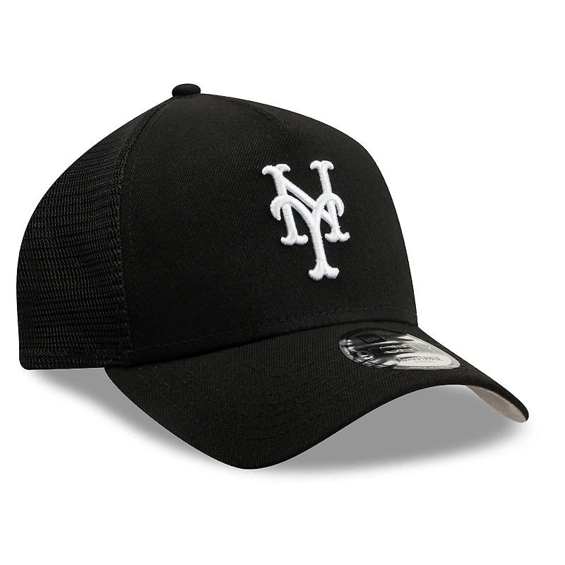 Men's New Era Black New York Mets Side Script 9FORTY A-Frame Trucker Adjustable Hat
