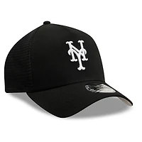 Men's New Era Black New York Mets Side Script 9FORTY A-Frame Trucker Adjustable Hat